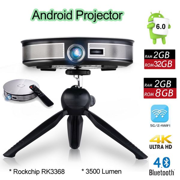 

D8S Android 6.0 Mini DLP Projector Rockchip RK3368 Octa Core 2GB 32GB Beamer Supports 2.4G/5G Wifi Bluetooth Portable 4K Home Media Player