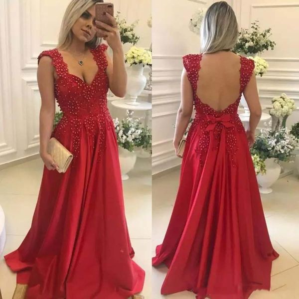 vintage deep v neck red lace evening dresses 2020 with bow applique pearls satin long backless formal prom party gowns, Black;red
vintage deep v neck red lace evening dresses 2020 with bow applique pearls satin long backless formal prom party gowns, Black;red