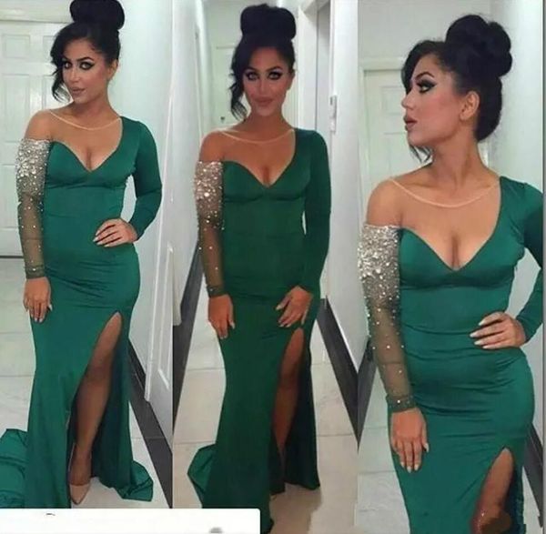 green prom dresses jewel neck long sleeve sheer jewel neck beaded high side split mermaid evening gowns sweep train dubai formal dress, Black 
green prom dresses jewel neck long sleeve sheer jewel neck beaded high side split mermaid evening gowns sweep train dubai formal dress, Black