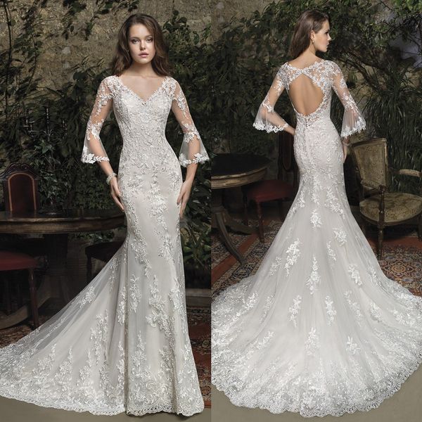 charming mermaid lace wedding dresses v neck long sleeves backless bridal gowns trumpet sweep train vestido de novia, White
charming mermaid lace wedding dresses v neck long sleeves backless bridal gowns trumpet sweep train vestido de novia, White