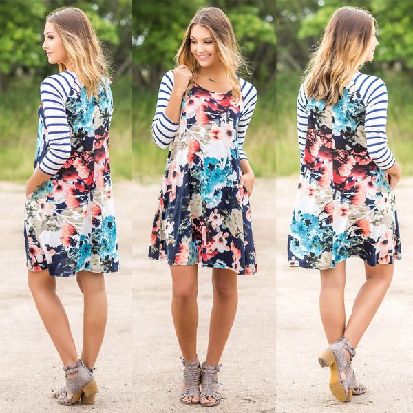 europe and the united states large size women's short skirts, striped sleeves, printed dress k1019, Black;gray
europe and the united states large size women's short skirts, striped sleeves, printed dress k1019, Black;gray