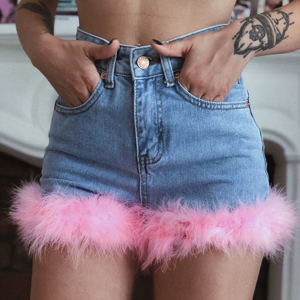 denim shorts new stitching turkey feathers short pants female jeans high waist women, Blue
