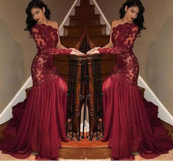2018 Burgundy Chiffon Sexy One Shoulder Mermaid Prom Dresses Long Sleeves Plus Size Vintage Lace Appliques Formal Dress Evening Gowns Arabic, Black
2018 Burgundy Chiffon Sexy One Shoulder Mermaid Prom Dresses Long Sleeves Plus Size Vintage Lace Appliques Formal Dress Evening Gowns Arabic, Black