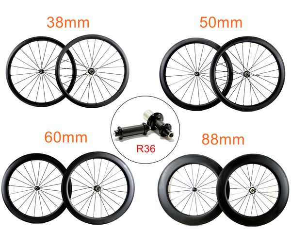 700c road bicycle carbon wheels 25mm width 38/50/60/88mm depth clincher/tubular carbon wheelset with powerwayr36 hubs ,ud/3k matte finish
700c road bicycle carbon wheels 25mm width 38/50/60/88mm depth clincher/tubular carbon wheelset with powerwayr36 hubs ,ud/3k matte finish