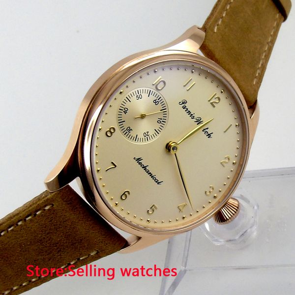 44mm rose gold case light yellow dial big 6497 movement hand winding mens watch, Slivery;brown
44mm rose gold case light yellow dial big 6497 movement hand winding mens watch, Slivery;brown