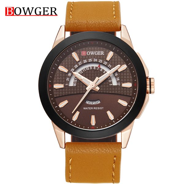 

new fashion mens watches bowger militray sport quartz men watch leather waterproof male wristwatches relogio masculino, Slivery;brown