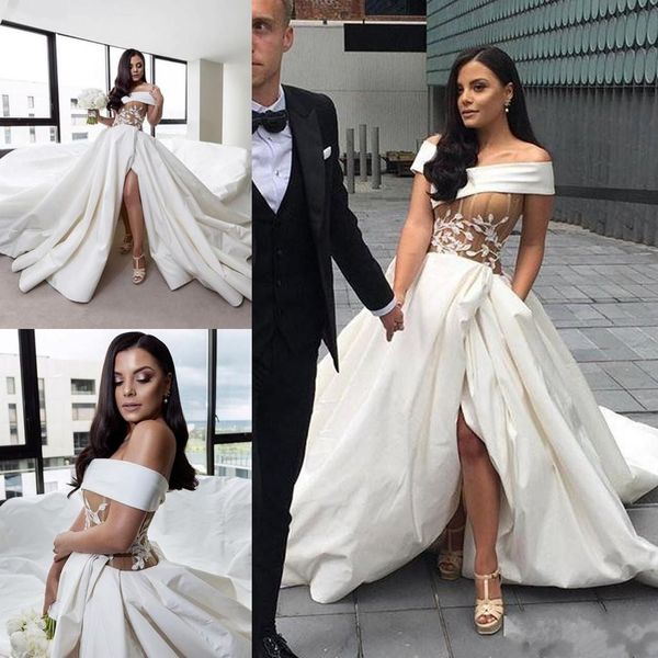 satin side split wedding dresses off shoulder lace applique corset bridal gowns with long train fashion robe de mariee, White
satin side split wedding dresses off shoulder lace applique corset bridal gowns with long train fashion robe de mariee, White