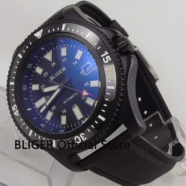 bliger 44mm black dial pvd coated case black ceramic bezel luminous hands date display automatic movement men's watch b122, Slivery;brown