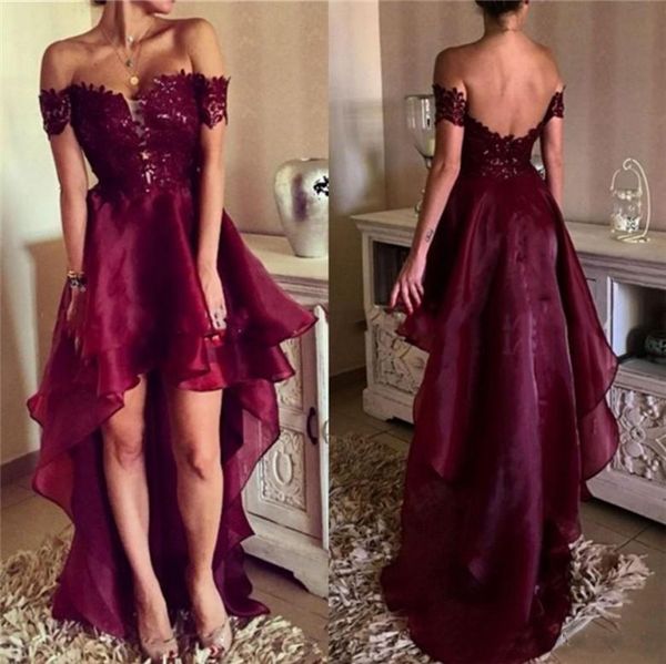 burgundy off shoulder lace prom dresses high low open back appliques formal evening dresses party gowns, Black
burgundy off shoulder lace prom dresses high low open back appliques formal evening dresses party gowns, Black
