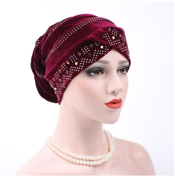 

2017 fashion women winter hats soft velvet india hat luxury rhinestone turban hats beanie crochet head wrap chemo cancer cap, Blue;gray