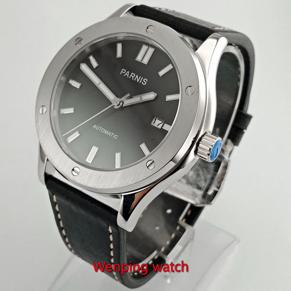 43mm men automatic self wind mechanical rose gold silver black case leather strap casual watch w2733, Slivery;brown
43mm men automatic self wind mechanical rose gold silver black case leather strap casual watch w2733, Slivery;brown