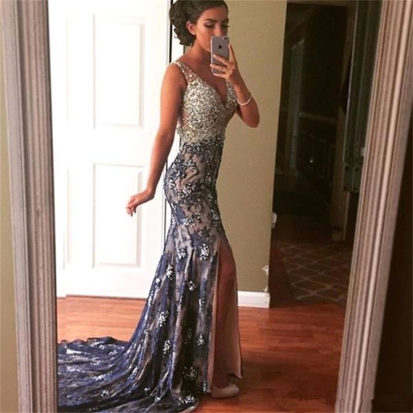 Split Long Dresses With Crystal V-Neck Straps Lace Mermaid Prom Dresses 2018 Sweep Train Formal Women Evening Special Occasion Party Gowns, Black;red
Split Long Dresses With Crystal V-Neck Straps Lace Mermaid Prom Dresses 2018 Sweep Train Formal Women Evening Special Occasion Party Gowns, Black;red