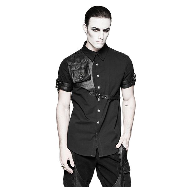 summer decent round bottom casual men shirts steam punk messenger bag shirt men's chest leather pocket short shirt, White;black
summer decent round bottom casual men shirts steam punk messenger bag shirt men's chest leather pocket short shirt, White;black