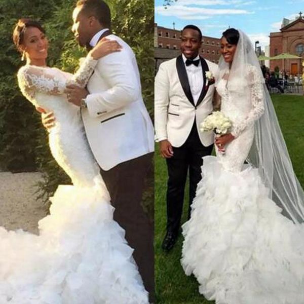 long sleeve mermaid wedding dress ruffled skirt sheer jewel neck fit and flare bridal gowns with train custom made, White
long sleeve mermaid wedding dress ruffled skirt sheer jewel neck fit and flare bridal gowns with train custom made, White