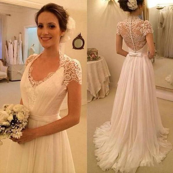 summer beach lace wedding dresses a line long bridal gowns v neck cap sleeves covered button wedding dress, White
summer beach lace wedding dresses a line long bridal gowns v neck cap sleeves covered button wedding dress, White