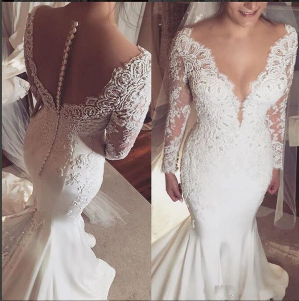 2019 vintage sheer scoop neck mermaid wedding dresses lace appliques pearls button back long sleeve wedding gowns plus size, White
2019 vintage sheer scoop neck mermaid wedding dresses lace appliques pearls button back long sleeve wedding gowns plus size, White
