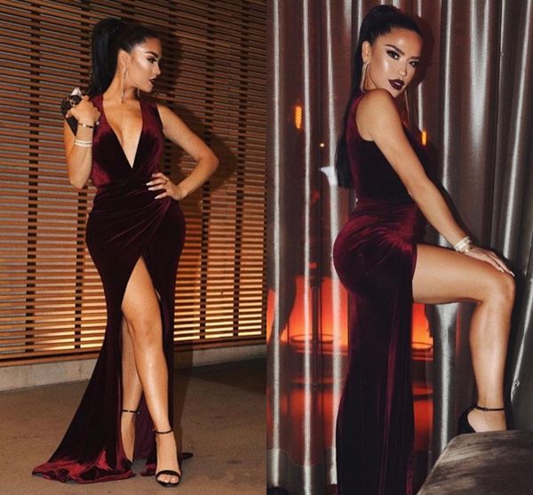 

new burgundy michael costello prom dresses 2018 plunging v neck mermaid high side split custom made evening gowns velvet party dresses, Black