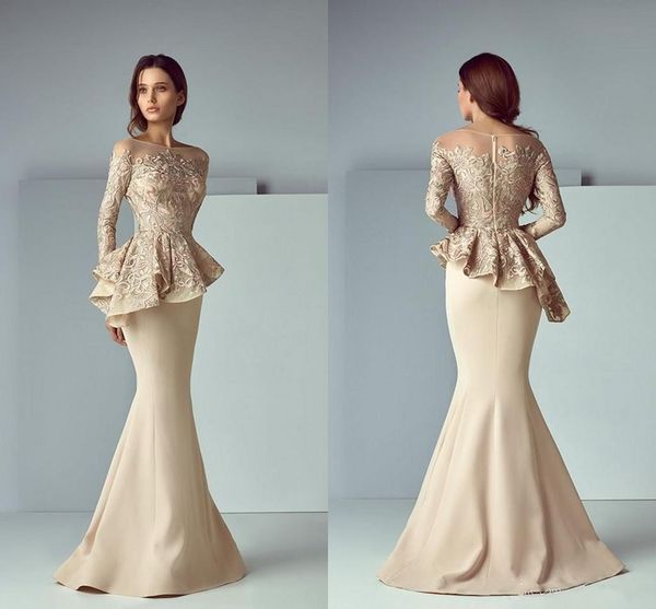 

Champagne Lace Stain Peplum Long Evening Formal Wear Dresses 2019 Sheer Neck Long Sleeve Dubai Arabic Mermaid Prom Dress Saiid Kobeisy