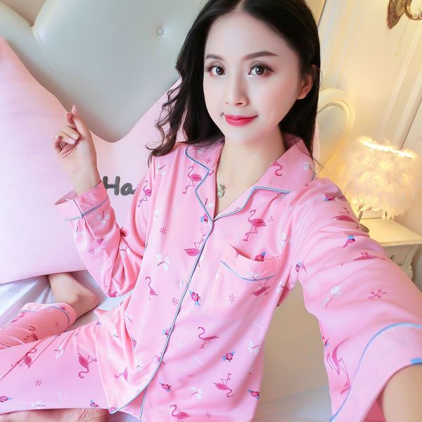 

female long sleeve pink sleepwear suit printing flamingo cute girls pajama set autumn cardigan pajamas for women loose pyjamas, Blue;gray