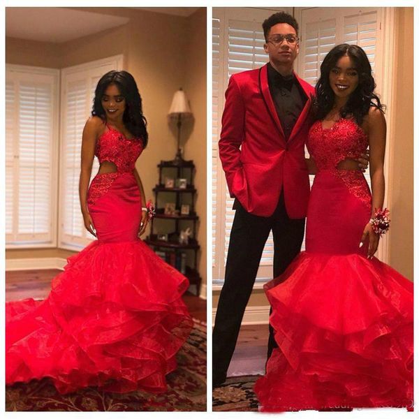 Trendy Spaghetti Beads Mermaid Evening Dresses Lace Tier Arabic Dubai African Party Dresses Vestidos De Festa Prom Pageant Celebrity Gowns