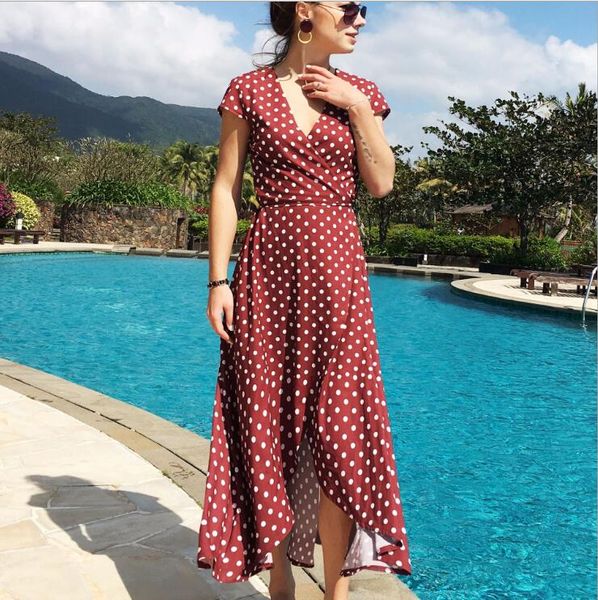 women polka dot dresses v-neck chiffon dress fashion designer hi-lo wave split buttom summer holiday beach dresses, Black;gray
women polka dot dresses v-neck chiffon dress fashion designer hi-lo wave split buttom summer holiday beach dresses, Black;gray