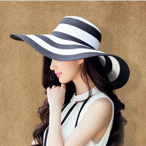 women's straw sun hats wide brim black and white striped summer hat with drawstring foldable classic uv protection large brimmed for tr, Blue;gray
women's straw sun hats wide brim black and white striped summer hat with drawstring foldable classic uv protection large brimmed for tr, Blue;gray