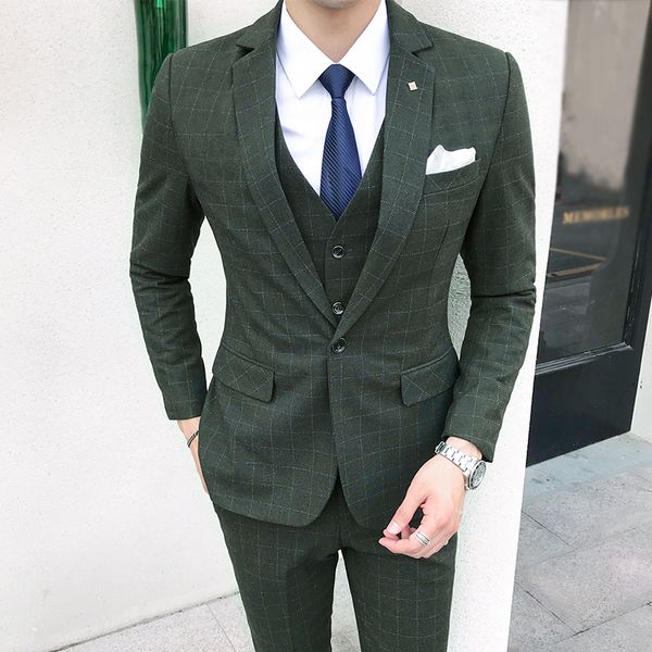 

2018 british style men suit ( jacket+vest+pant) plaid dress slim fit suit set green luxury prom tuxedo wedding suits for men 5xl, White;black