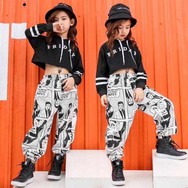 

kids ballroom costumes hip hop clothing dance jazz girls performance stage costume loose hoodie and pant dance wear clothes, Black;red