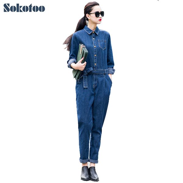 sokotoo women's full sleeve casual loose denim jumpsuits lady's fashion blue overalls with sashes ing, Black;white
sokotoo women's full sleeve casual loose denim jumpsuits lady's fashion blue overalls with sashes ing, Black;white