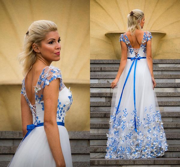 2018 blue white floral tulle evening dresses sheer neck cap sleeves ribbon sash backless formal prom dresses lace up, Black;red
2018 blue white floral tulle evening dresses sheer neck cap sleeves ribbon sash backless formal prom dresses lace up, Black;red