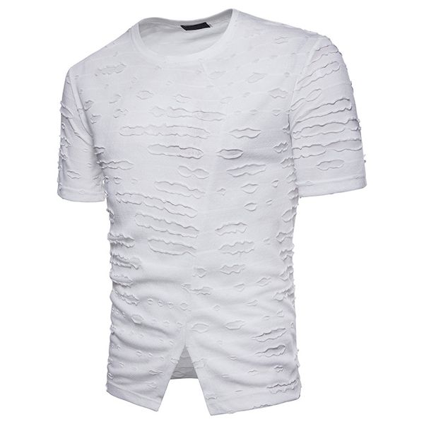 men's t-shirt is a pure color fashion design with a slit in the face of a man's short sleeved t-shirt, White;black
men's t-shirt is a pure color fashion design with a slit in the face of a man's short sleeved t-shirt, White;black