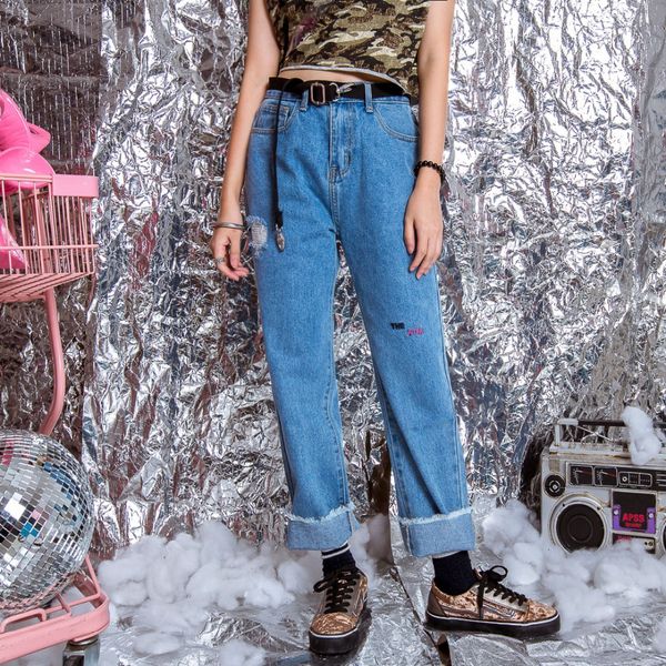 jasmine personality high waist bf letter embroidery stitching, zipper stickers legs, straight jeans, Blue
jasmine personality high waist bf letter embroidery stitching, zipper stickers legs, straight jeans, Blue