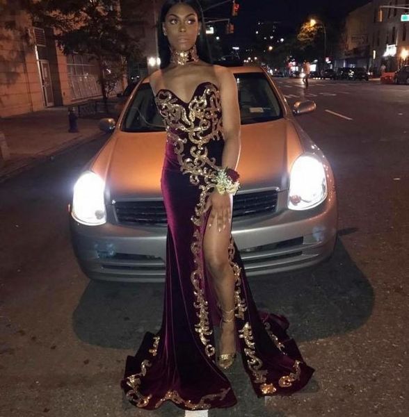 african velvet mermaid prom dresses sweetheart gold appliques high side split formal dresses evening gowns custom made cocktail dresses, Black
african velvet mermaid prom dresses sweetheart gold appliques high side split formal dresses evening gowns custom made cocktail dresses, Black