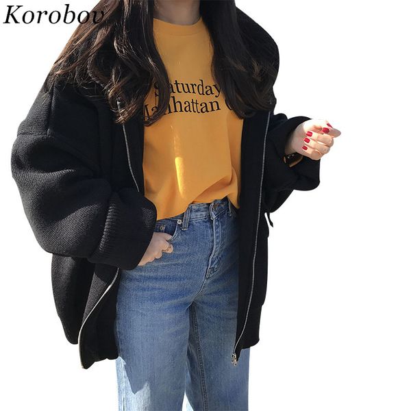 korobov auttum winter new wide korean sweater harakuju solid loose zipper hooded cardigans female knitwear coat sweaters 75894, White;black
korobov auttum winter new wide korean sweater harakuju solid loose zipper hooded cardigans female knitwear coat sweaters 75894, White;black