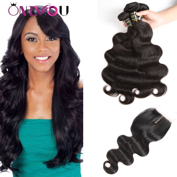 

9a malaysian virgin hair extensions body wave human hair bundles with closure soft body wave 3 weaves bundles with 4x4 middle part closure, Black;brown