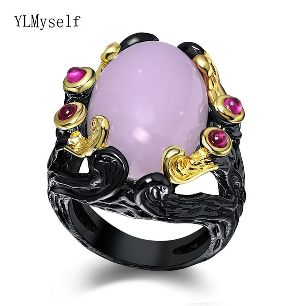 new big oval pink stone rings trendy jewelry lot black gold plate siam crystal fashion finger ring, Golden;silver