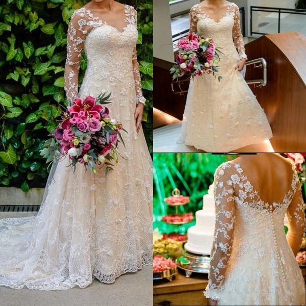Elegant Lace Long Sleeve A Line Wedding Dresses White V Neck Chapel Train Backless Wedding Gowns Bridal Dress Custom Made Vestidos de Novia
Elegant Lace Long Sleeve A Line Wedding Dresses White V Neck Chapel Train Backless Wedding Gowns Bridal Dress Custom Made Vestidos de Novia