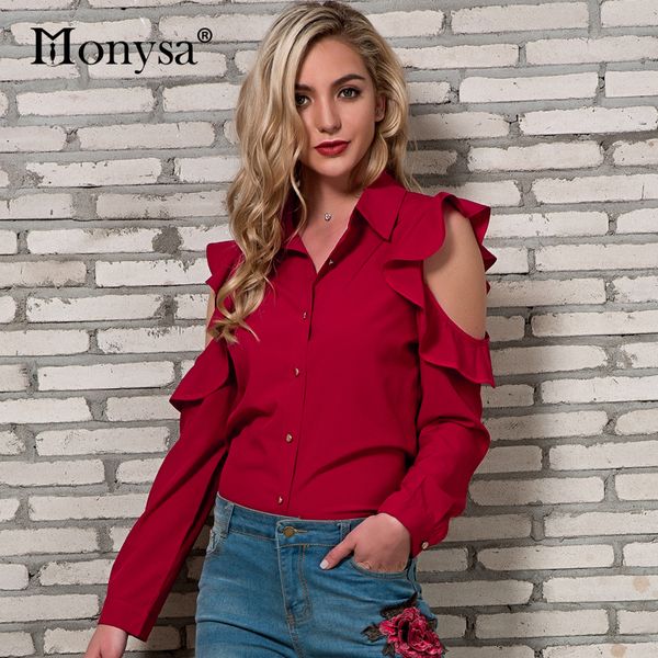 

cold shoulder women 2018 spring new arrivals fashion ruffle long sleeeve shirts ladies casual chiffon blouses red white