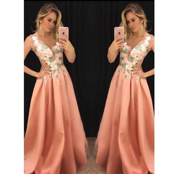 elegant v neck evening dress long prom dress with appliques a line satin dress party evening, Black