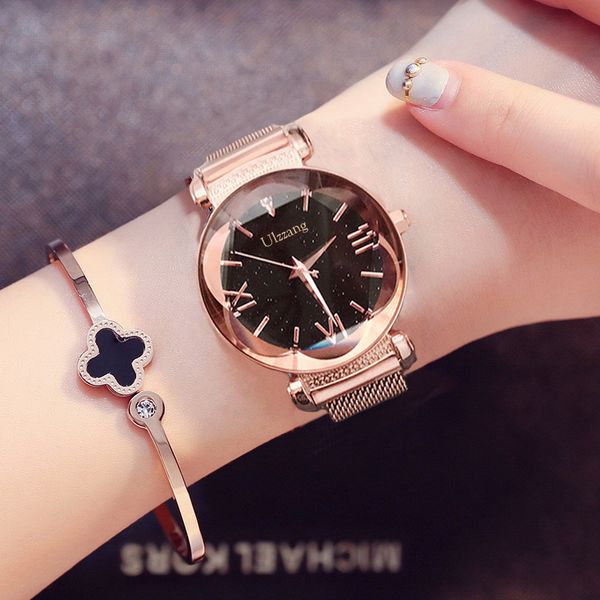 

ulzzang brand fashion women watches starry sky rose gold lady watch elegant casual luxury female wristwatch magnet buckle clock, Slivery;brown