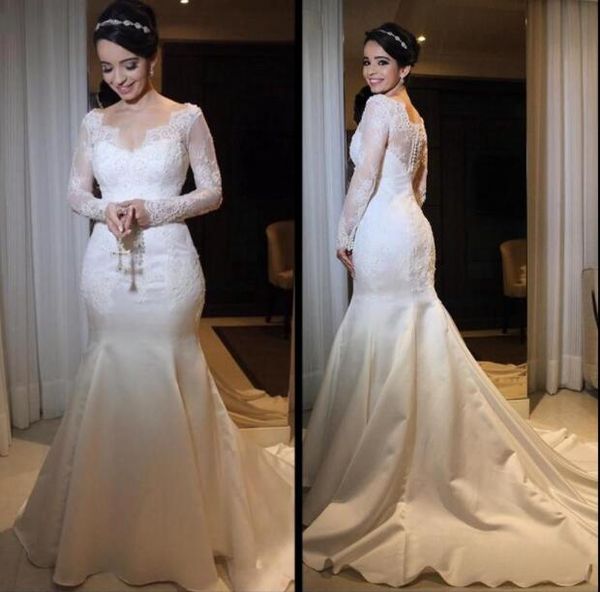 mermaid wedding dresses with long sleeves v neck appliques lace bridal gowns elegant satin robe de mariee 2019 fall winter, White
mermaid wedding dresses with long sleeves v neck appliques lace bridal gowns elegant satin robe de mariee 2019 fall winter, White