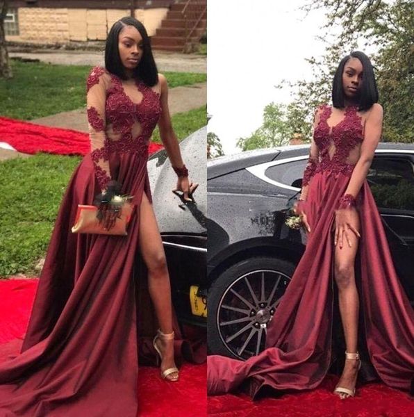 burgundy 2018 long evening dresses jewel neck long illusion sleeves lace applique high side split dresses evening wear robes de soirée, Black;red
burgundy 2018 long evening dresses jewel neck long illusion sleeves lace applique high side split dresses evening wear robes de soirée, Black;red