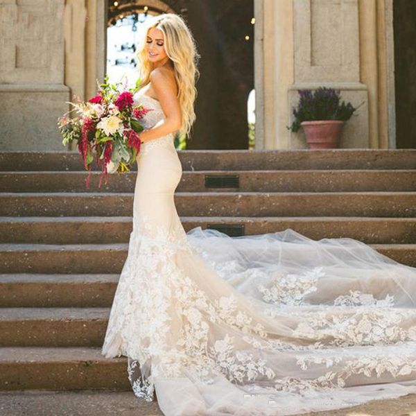 Champagne Mermaid Wedding Dresses Elegant Sweetheart Tulle Lace Bridal Dresses Sweep Train 2018 beach Gelinlik Turkey Wedding Gowns 
Champagne Mermaid Wedding Dresses Elegant Sweetheart Tulle Lace Bridal Dresses Sweep Train 2018 beach Gelinlik Turkey Wedding Gowns