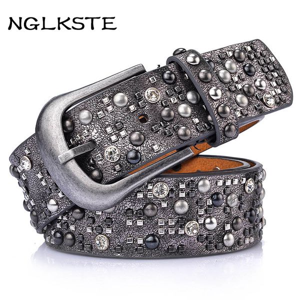 

nglkste rivet belt fashion rhinestone men&women's vintage style studded belts male leather rock women strap punk, Black;brown