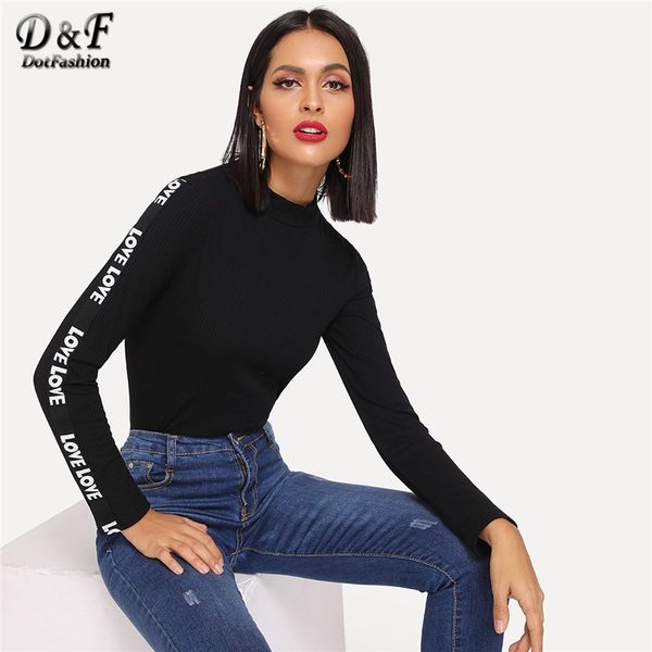 

dotfashion black mock neck rib knit letter long sleeve tee women casual autumn clothes 2018 fashion stand collar t-shirt, White