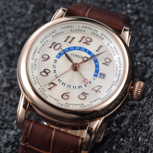 43mm corgeut white dial blue hand gmt date window automatic2005gg, Slivery;brown
43mm corgeut white dial blue hand gmt date window automatic2005gg, Slivery;brown