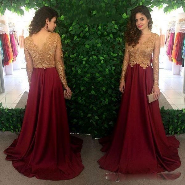 2019 gold lace vestidos de festa prom dress floor length satin formal evening gowns see though back long sleeves party prom gowns, Black;red
2019 gold lace vestidos de festa prom dress floor length satin formal evening gowns see though back long sleeves party prom gowns, Black;red