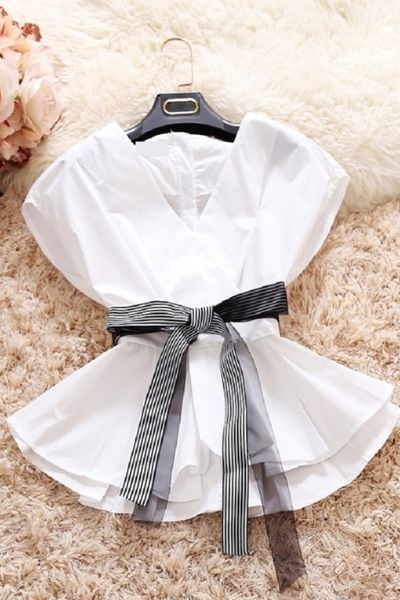 2018 vadim blusas plus size summer new style, korean version of loose, small fresh doll, striped waist bow, big v collar blouse, White
2018 vadim blusas plus size summer new style, korean version of loose, small fresh doll, striped waist bow, big v collar blouse, White