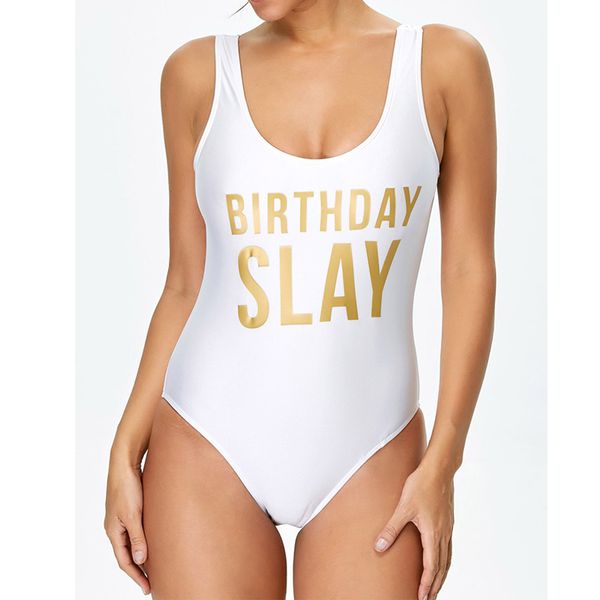 

birthday slay letter print one piece swimsuits women back low bodysuit swimwear bathing beach wear jumpsuit female, White;black