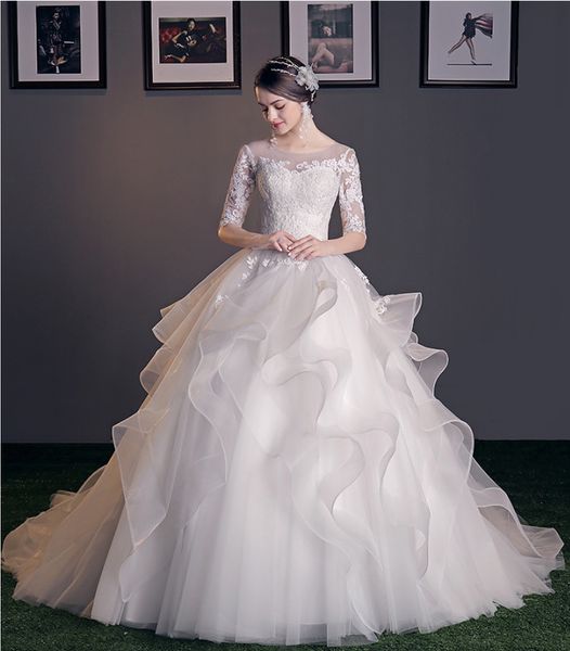 bateau neck organza ball gown wedding dresses with ruffles 2019 lace appliques half sleeves wedding gowns, White
bateau neck organza ball gown wedding dresses with ruffles 2019 lace appliques half sleeves wedding gowns, White